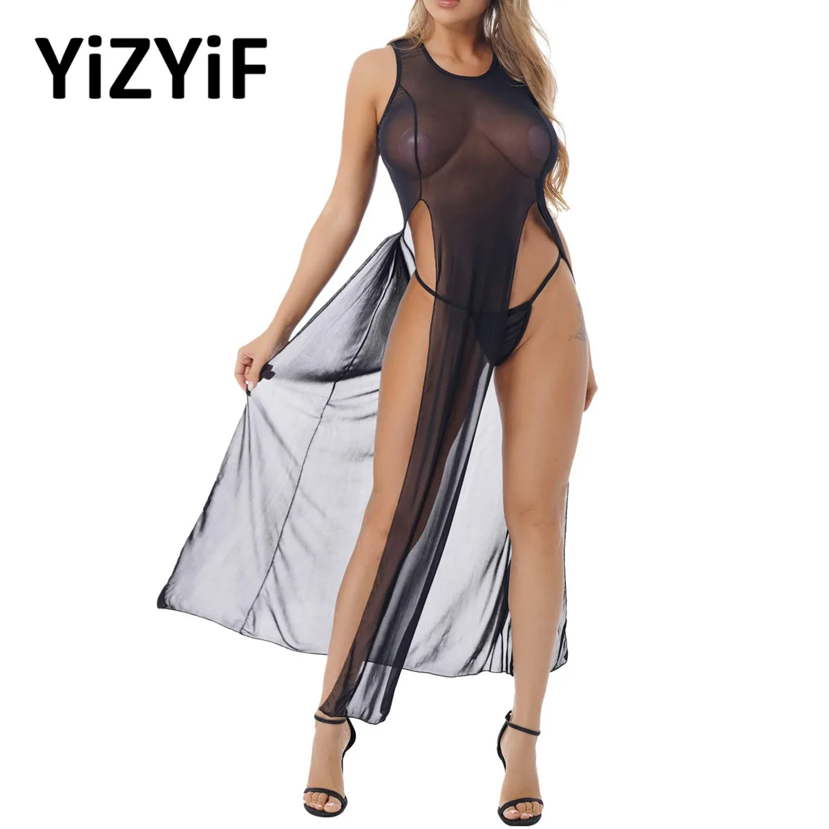 

Sexy See-through Mesh Maxi Dress Women Sleeveless Side Split Nightdress Transparent Exotic Bikini Cover Ups with G-string