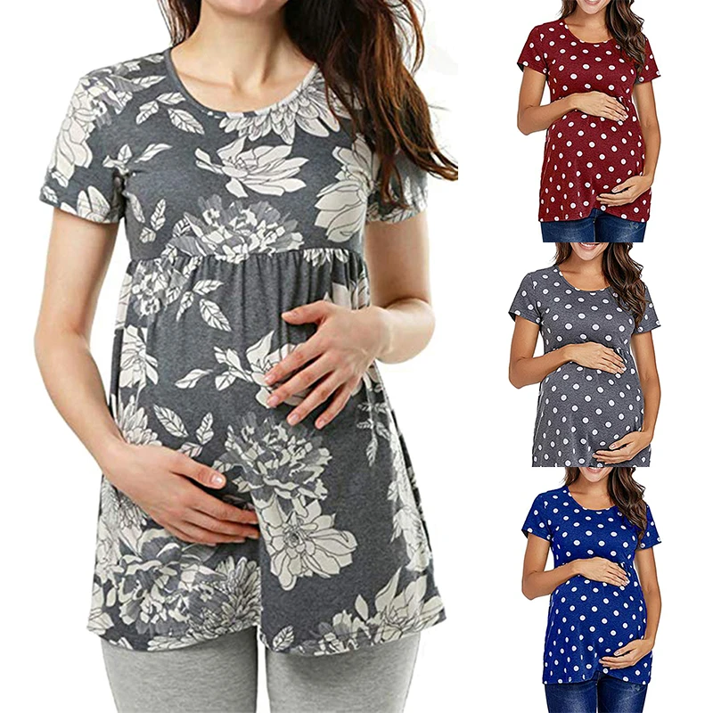 

Vrouwen Zwangerschap Casual T-shirt Moederschap Zomer Korte Mouw Dot Print Tees Tops Zwangere Tuniek Blouse Moederschap Kleding