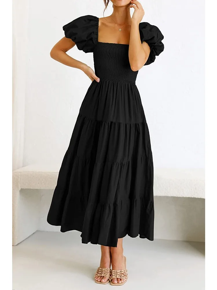 Women Summer Dress Square Neck Bubble Sleeve Pleated Shirring Elastic Bust Short Sleeve A-line Loose Hem Retro Midi Dresses Robe
Women Summer Dress Square Neck Bubble Sleeve Pleated Shirring Elastic Bust Short Sleeve A-line Loose Hem Retro Midi Dresses Robe