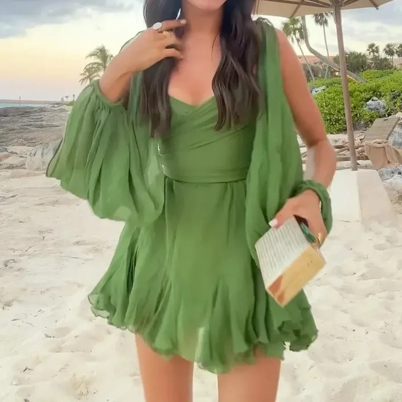 Summer Short Beach Dress Green Woman Mesh Wrap Long Sleeve Back Tie Ladies Vacation Ruched Mini Sundress Beach Wear 2024
Summer Short Beach Dress Green Woman Mesh Wrap Long Sleeve Back Tie Ladies Vacation Ruched Mini Sundress Beach Wear 2024
