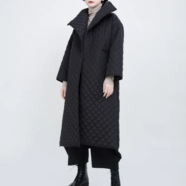 

spring winter high collar Lingge quilted cotton open side slit coat loose coat women
