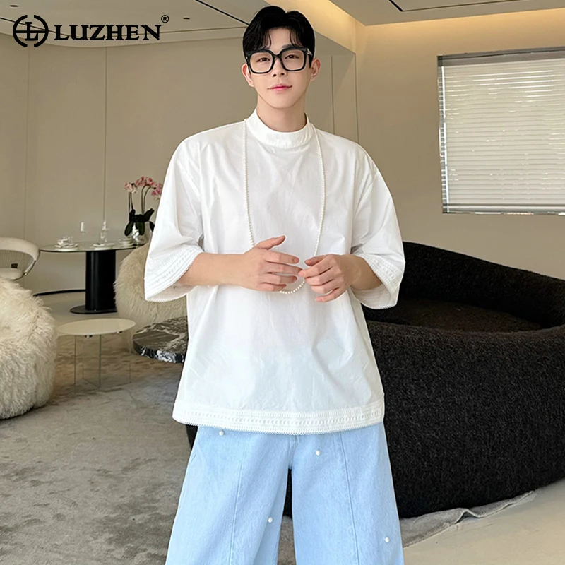 

LUZHEN Stylish Elegant Solid Color Stand Collar Casual T Shirts Men's 2024 Summer Trendy Short Sleeve Tops Korean Clothes LZ3207