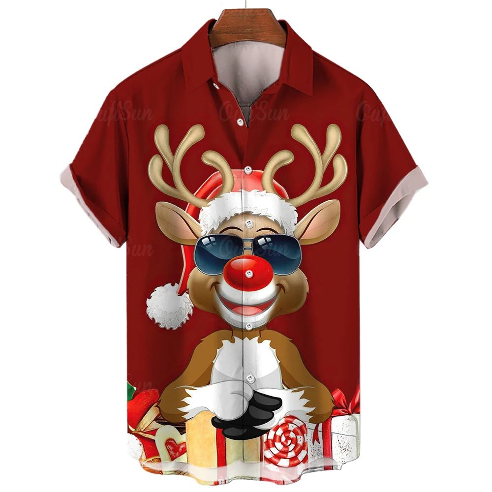 

2024 Hawaiian Christmas Tree Theme Men's Shirts Santa Claus Snowy Deer Happy Night Fashion Elements Loose Casual Des Cute Dog