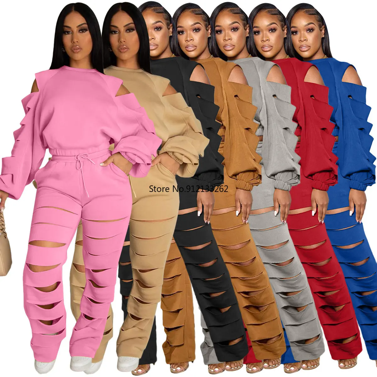 

African Clothes for Women Autumn Spring African Women Long Sleeve O-neck Polyester Solid Color Two Pieces Sets Top and Long Pant