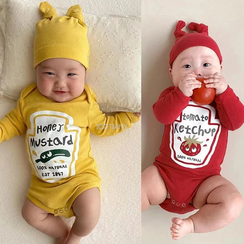 

Baby Twins Red Tomato Ketchup And Yellow Mustard Cosplay Costume Infant Newborn Sauce Onesie Halloween Carnival Party Costumes