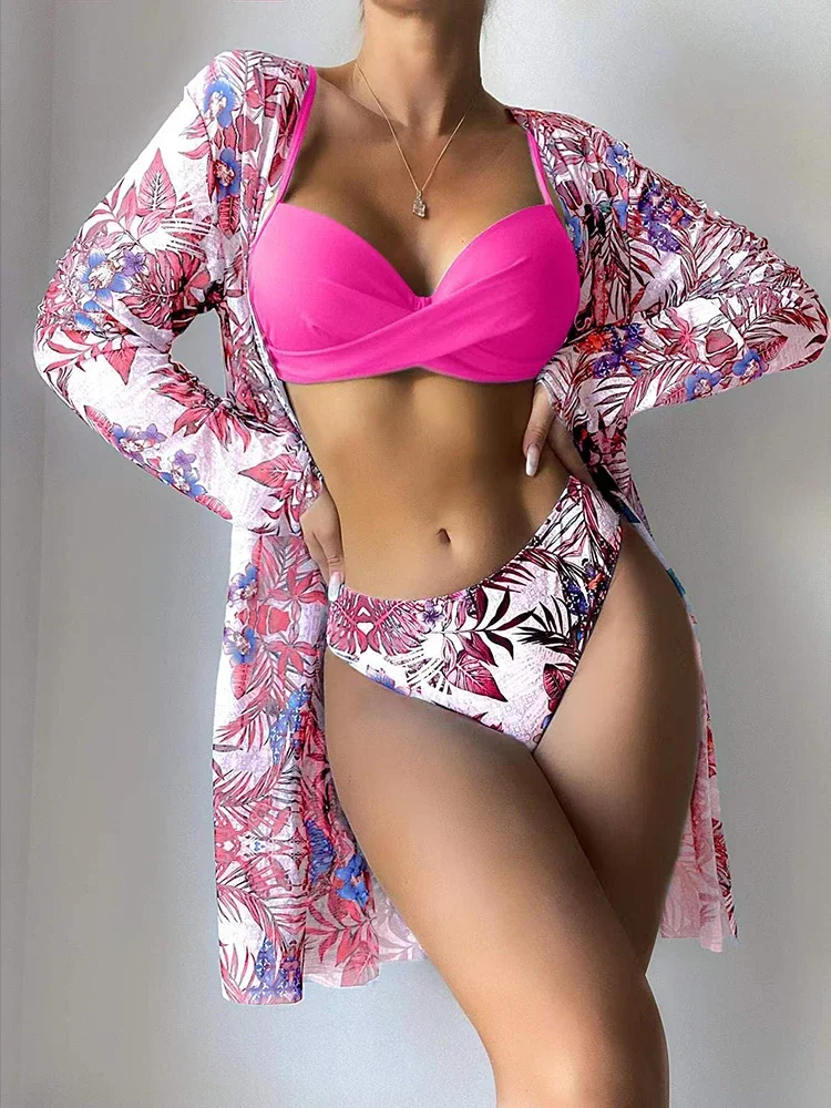 

2024 New 3 Pieces Set High Waist Bikinis Women Swimsuit&Kimono Swimwear Sexy Printed Bikini Set Cover Up Beachwear Bathing Suit