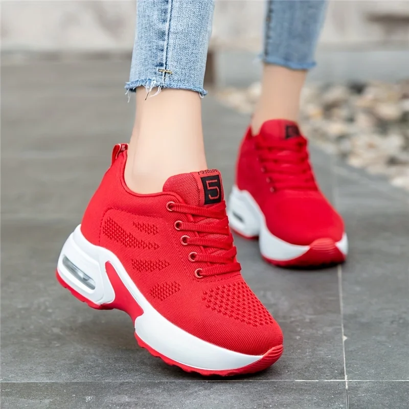 

Women Sneakers Mesh Hidden Wedge Shoes Casual Platform Lace Up Walking Shoes Women's Fashion Sneaker Air Cushion Red Shoes 1029