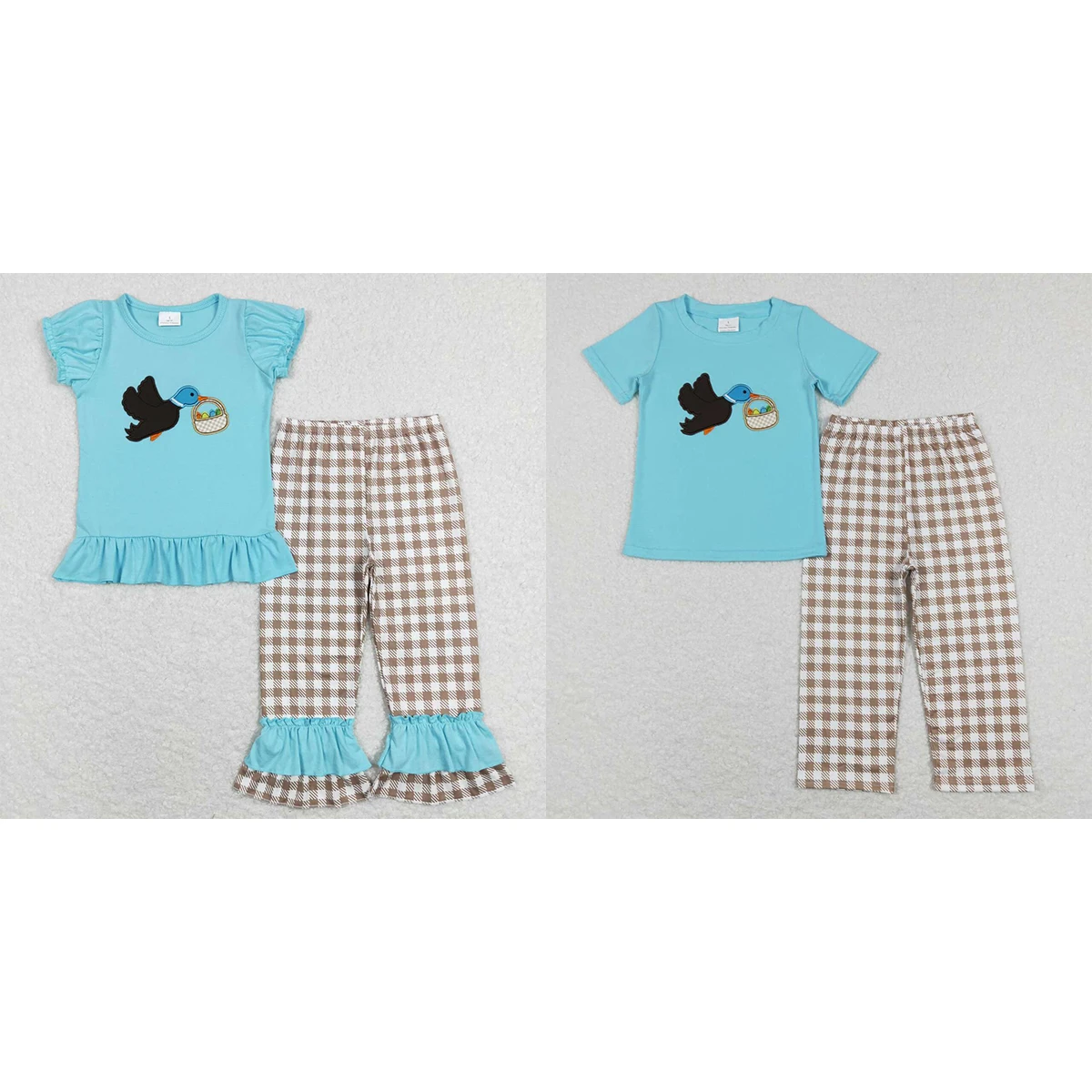 

wholesale Hot Sale Baby Boys Girls Clothes Embroidered Egg Basket Wild Goose Blue Lace Short-Sleeved Khaki Plaid Trouser Sets