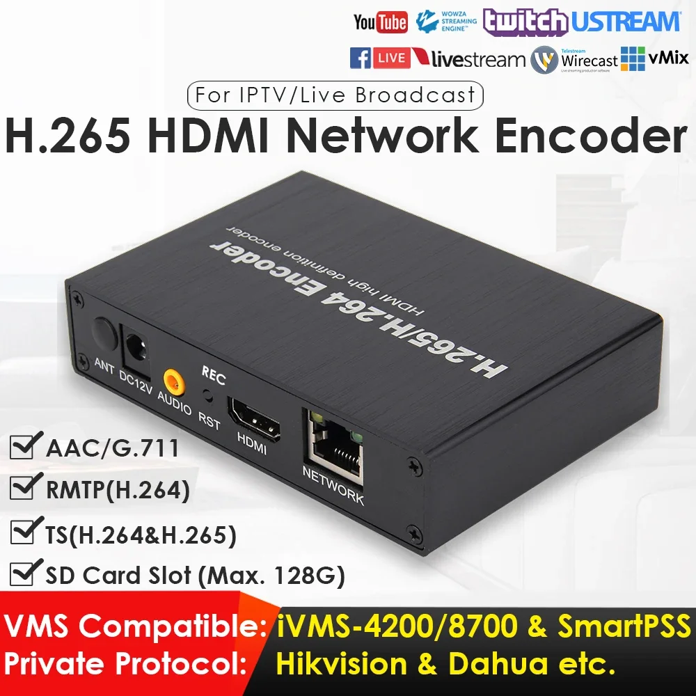 H.265 1080P HDMI Video Encoder with SD Card Slot for IPTV/Video Recording/Live Broadcast to YouTube Facebook Vimeo TS RTMP RTSP
H.265 1080P HDMI Video Encoder with SD Card Slot for IPTV/Video Recording/Live Broadcast to YouTube Facebook Vimeo TS RTMP RTSP