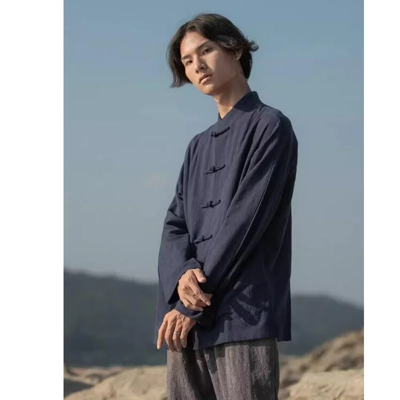 

Chinese Traditional Tang Dynasty Hanfu For Men Ethnic Style Shirt Standing Collar Blouse Cotton Linen Kungfu Wuxia Jacket Tops