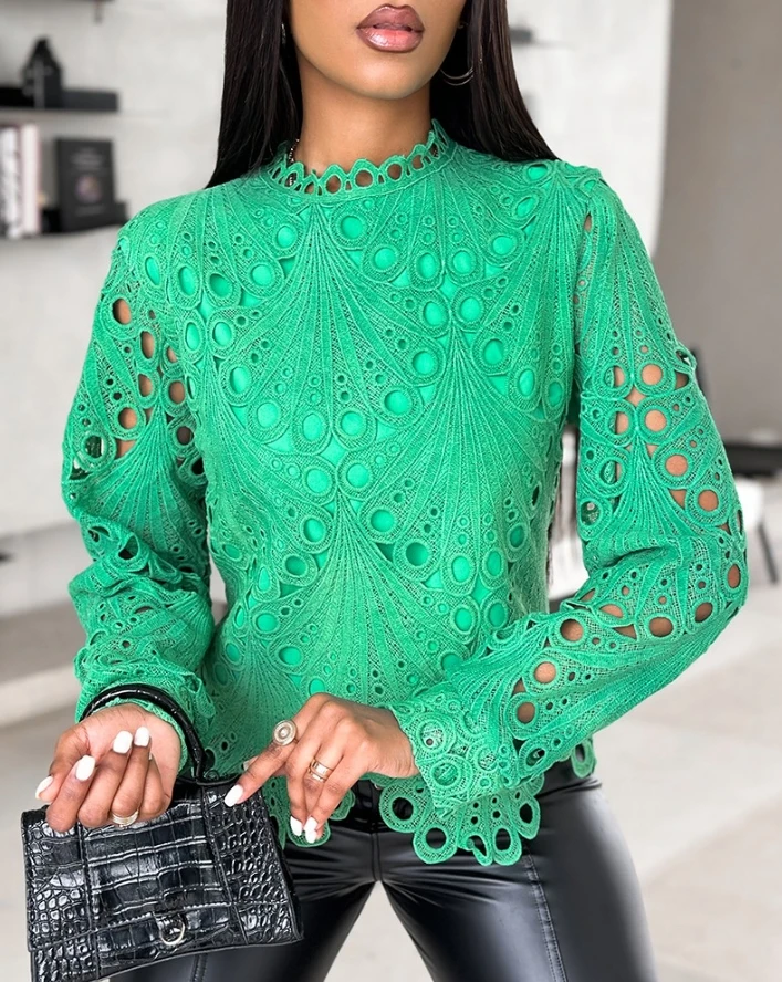 

Long Sleeve Blouse Top Elegant Women Stand Collar Keyhole Neck Lace Hollow Out Asymmetrical Hem Top Fashion 2024 Female Clothing