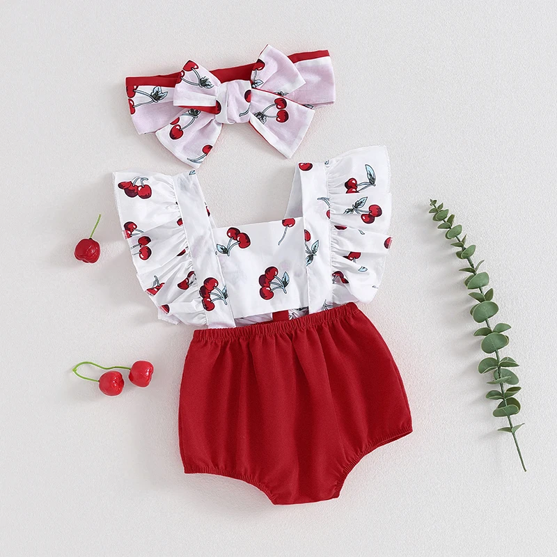 

Tregren 0-18M Cute Baby Girls Rompers Fly Sleeve Cherry Print Hollowed Patchwork Bodysuits with Hairband Summer Infant Clothes