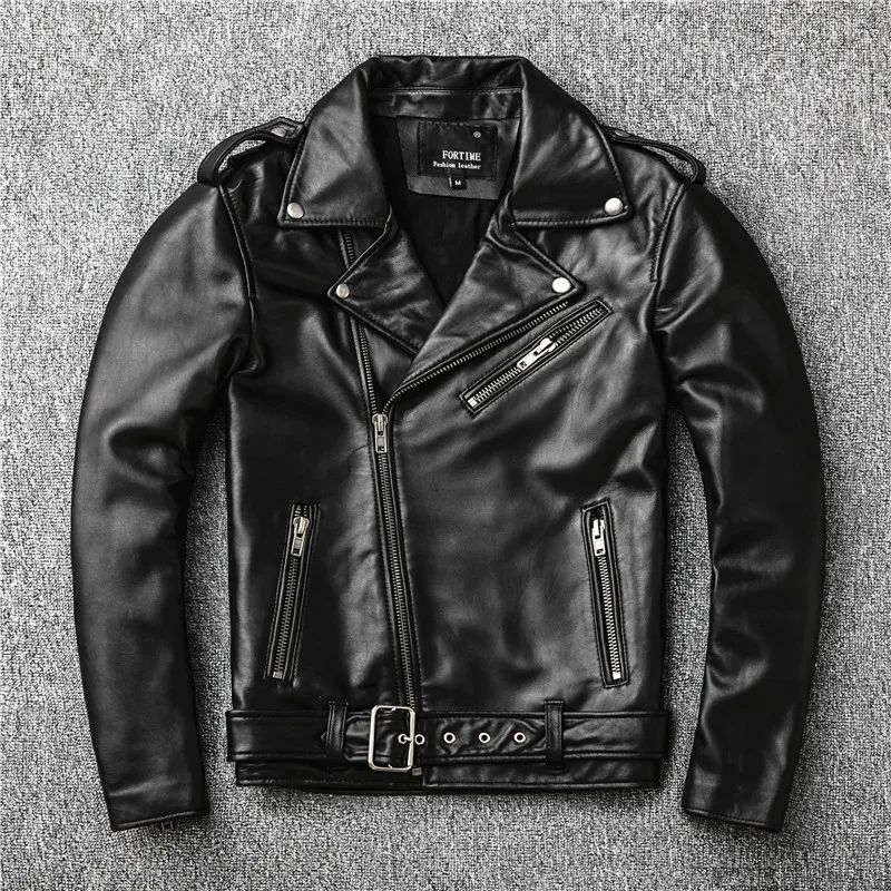 

Мужская мотоциклетная кожаная куртка, классическая черная куртка из 100% натуральной овечьей шкуры, приталенная байкерская куртка