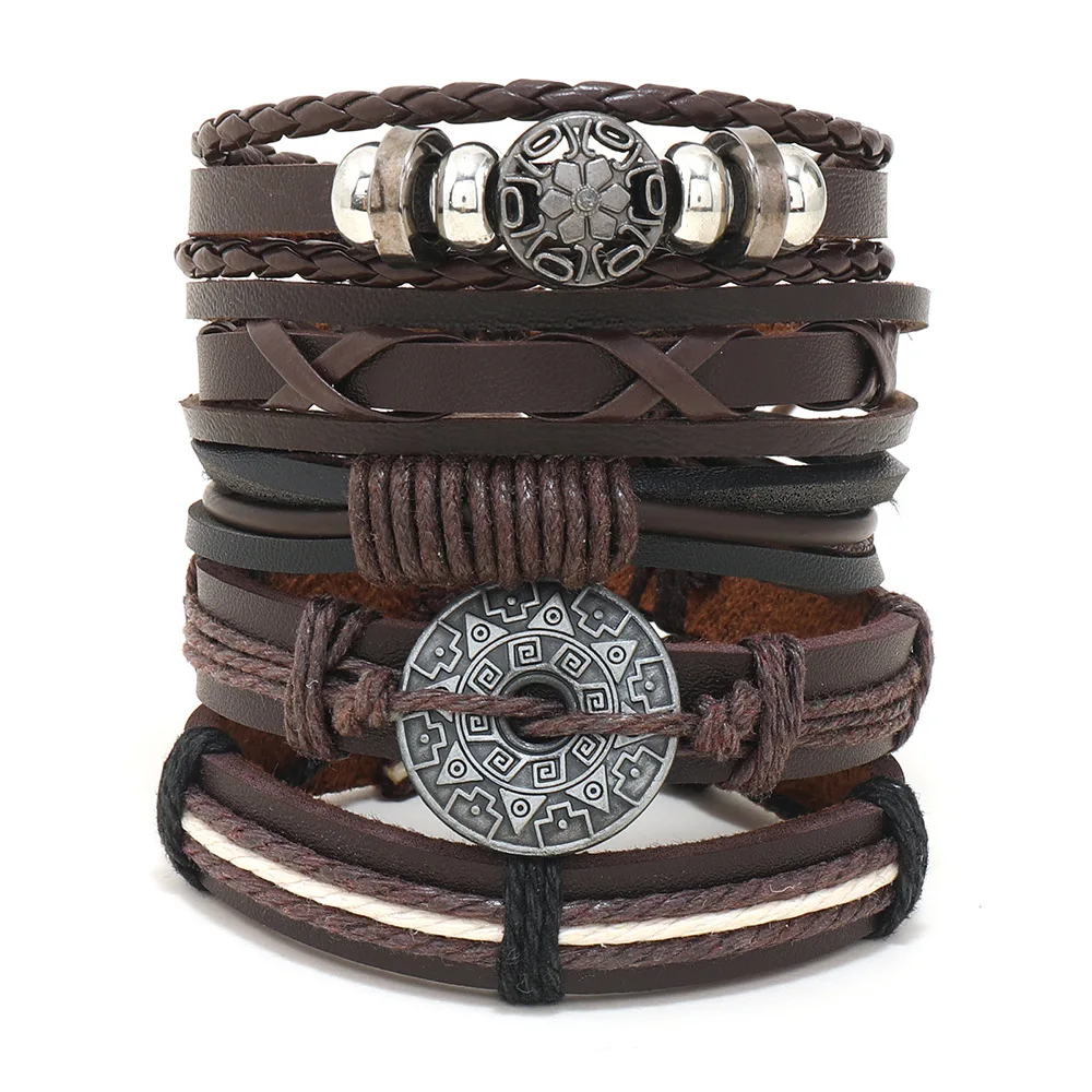 

2023 New Leather Bracelet Men Vintage Handwoven Bracelet Alloy Accessories Brown Multi layered Combination Set Handrope Jewelry