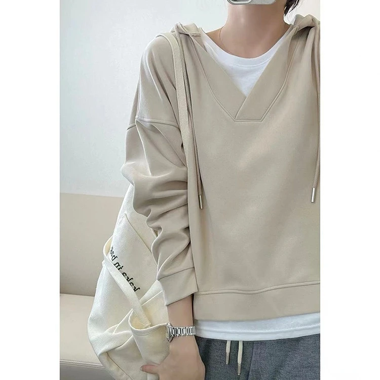 Fake two-piece drawstring v-neck hooded sweater women's loose Korean style casual jacket 2023 spring and autumn pullover
Fake two-piece drawstring v-neck hooded sweater women's loose Korean style casual jacket 2023 spring and autumn pullover