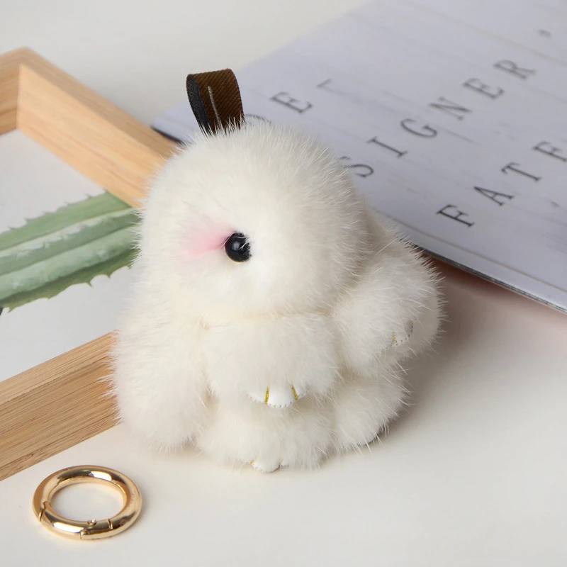 

New Style Handmade Real Mink Fur Rabbit Charm Keychain Women Kids Cute Plush Bunny Keyring Bag Car Key Decoration Jewelry Gifts