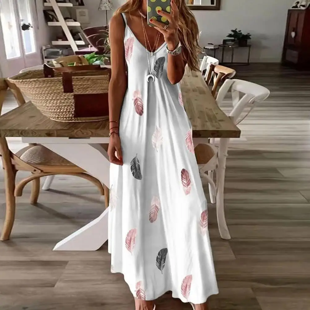 

Strappy Dress Bohemian Style Feather Print Maxi Dress for Women V Neck A-line Vacation Dress with Retro Contrast Colors Strappy