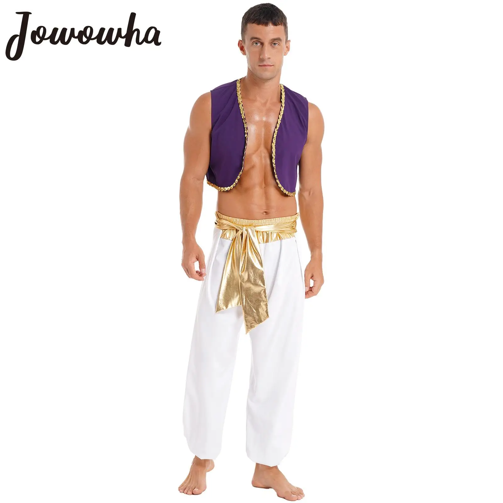 

Mens Prince Aladin Costume Halloween Theme Party Role Play Stage Performance Outfit Sequin Trim Waistcoat with Belted Pants