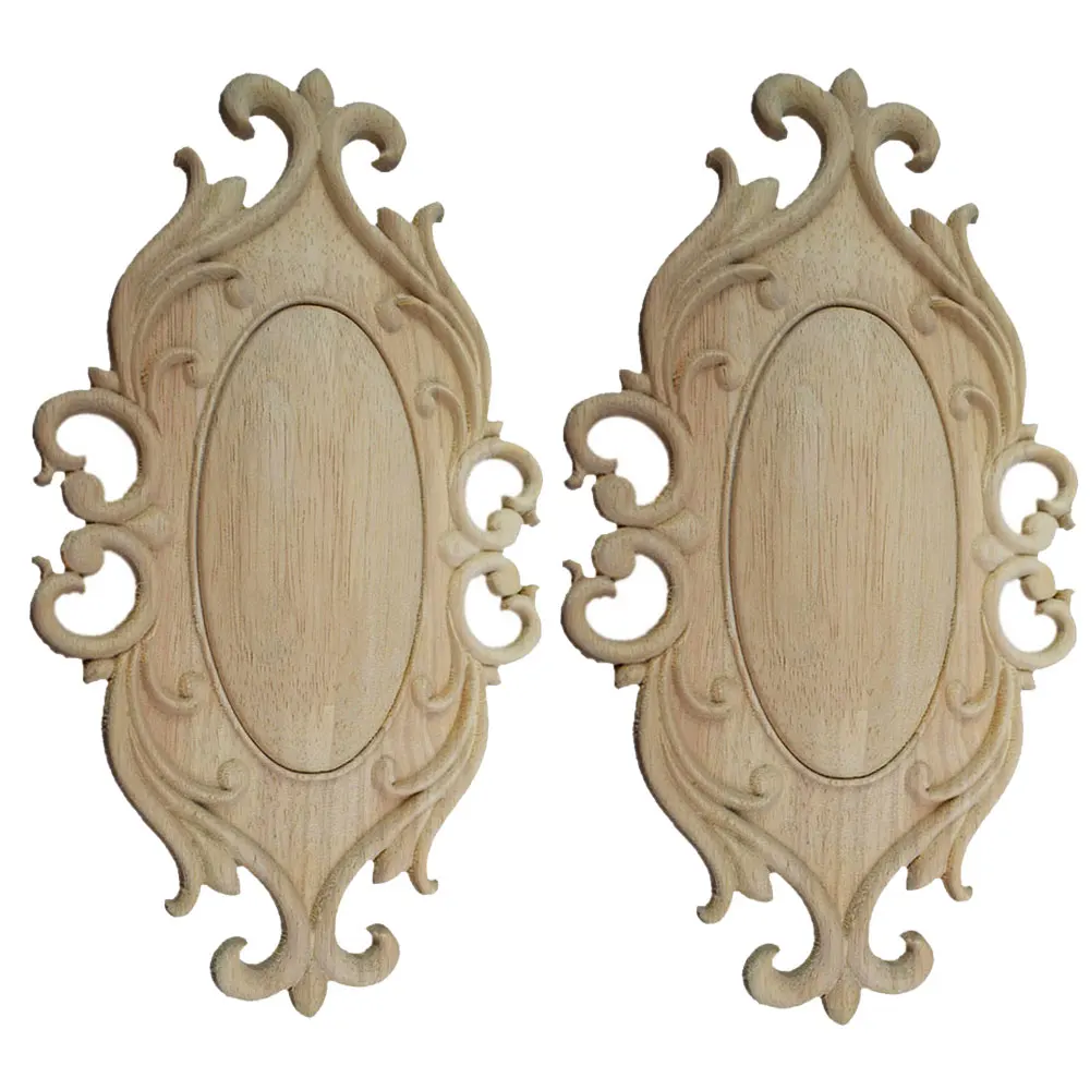 

2PCS Wood Carved Decal 2 Piece Wood Mouldings Decorative Unpainted Wood Carving Decorative Furniture Applique for Home 26*15cm
