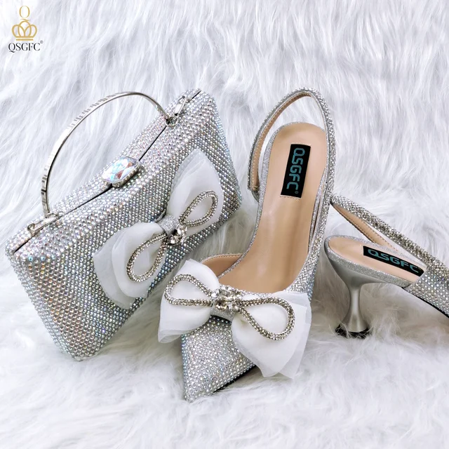 QSGFC – chaussures vertes à talons hauts et sac assorti pour femmes mûres, chaussures de fête de haute qualité avec strass, nouvelle collection 1