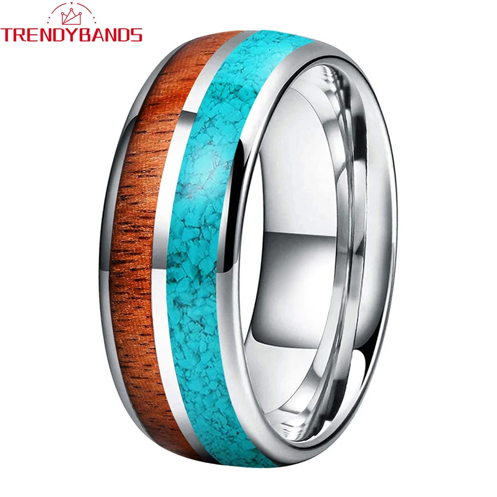 8mm Turquoise Koa Wood Inlay Tungsten Carbide Engagement Ring Wedding Band for Men Women Domed Polished Shiny Comfort Fit
8mm Turquoise Koa Wood Inlay Tungsten Carbide Engagement Ring Wedding Band for Men Women Domed Polished Shiny Comfort Fit