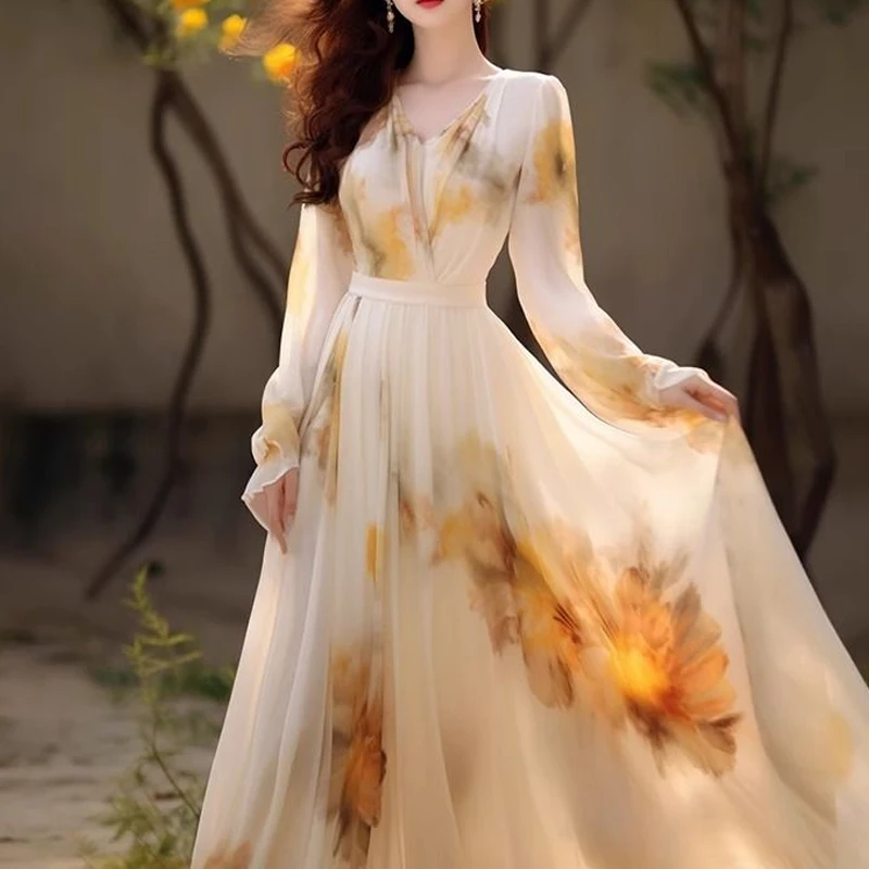 Spring Autumn V-neck Fashion Long Sleeve Maxi Dress Women High Street Casual Floral Printing Vestidos Elegant High Waist Robe
Spring Autumn V-neck Fashion Long Sleeve Maxi Dress Women High Street Casual Floral Printing Vestidos Elegant High Waist Robe