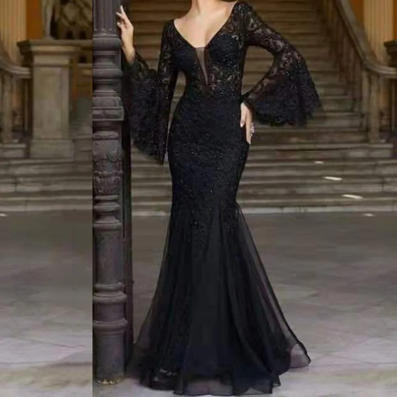 

Elegant Long Flare Sleeve V Neck Slim Evening Mermaid Cocktail Dress Prom Gown Women Lace Embroidery Corset Party Wedding Dress