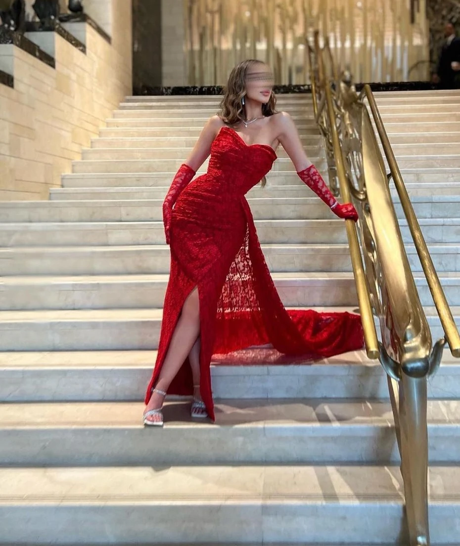 Mermaid Red Lace Long Prom Dresses Sweetheart Neck Split Ankle Length Backless Saudi Arabia Women Evening Party Dress
Mermaid Red Lace Long Prom Dresses Sweetheart Neck Split Ankle Length Backless Saudi Arabia Women Evening Party Dress