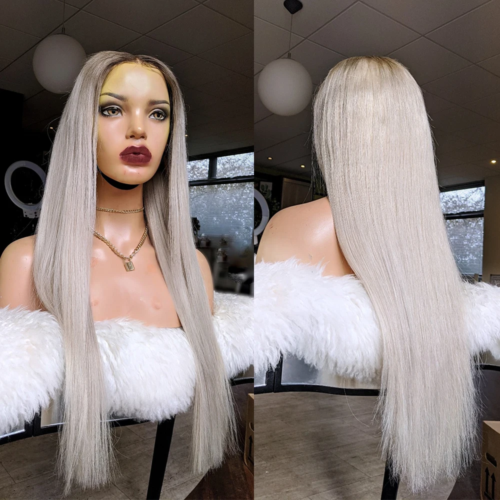 

Straight Creamy Blonde Lace Front Wig with Ash Roots Brazilian Human Hair Platinum Blonde Full Lace Wigs Glueless HD Lace 13x6