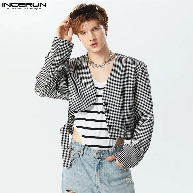 

INCERUN Tops 2023 American Style Handsome New Men's Cropped Plaid V-neck Blazer Casual Party Shows Long Sleeved Suit Coats S-5XL