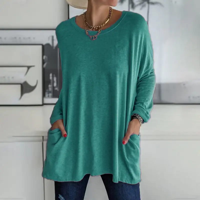 Womens Round Neck Long Sleeve Loose Pocket Solid T-Shirt 
Womens Round Neck Long Sleeve Loose Pocket Solid T-Shirt