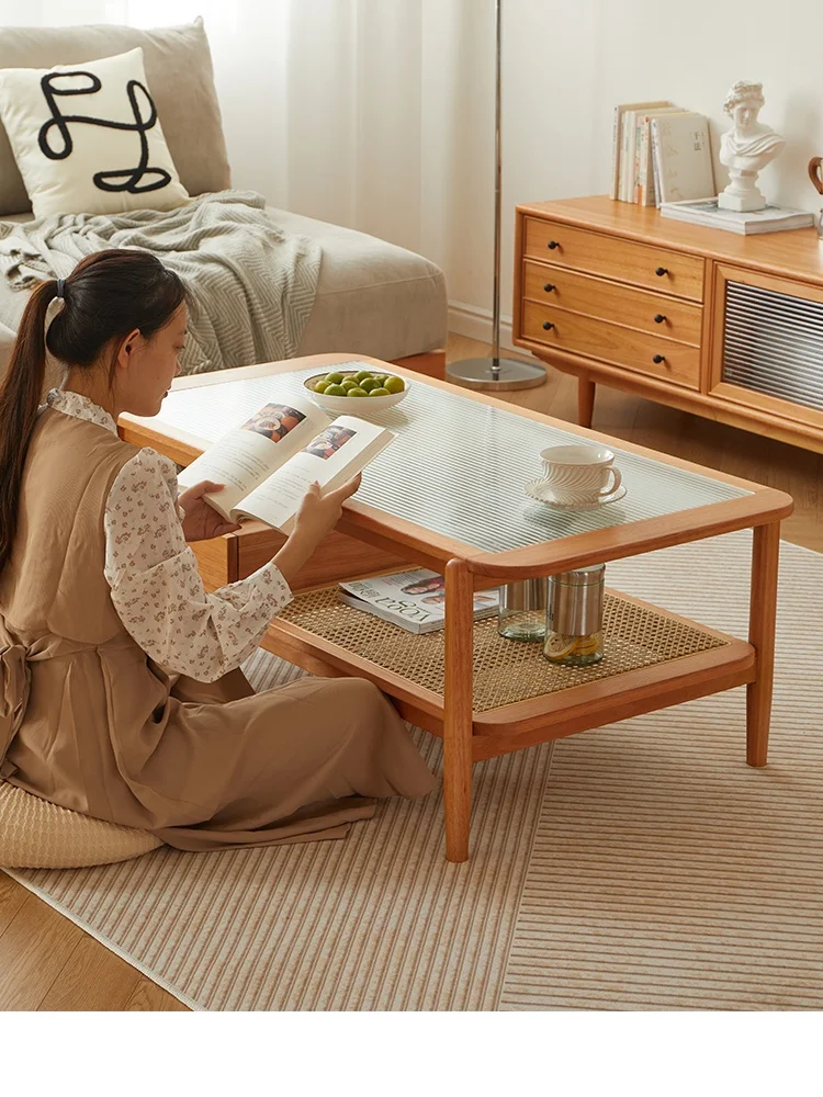

Solid wood coffee table, TV cabinet combination living room, modern and minimalist glass tea table, cherry wood tea table