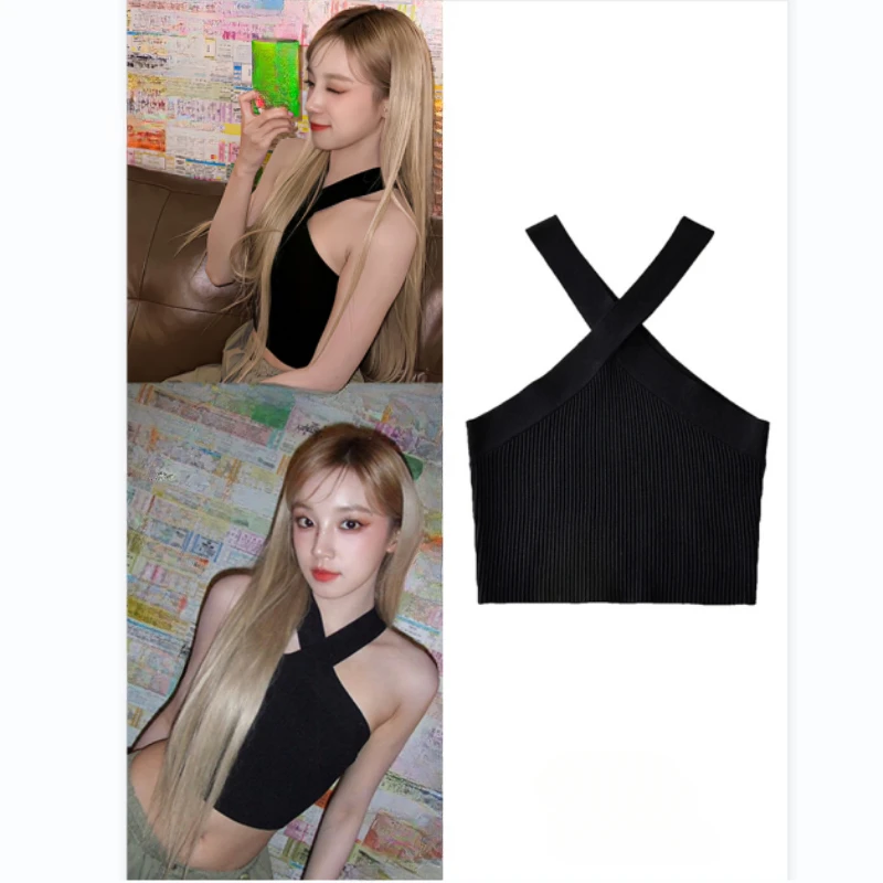 

Kpop Korean Singer Concert Hot Girls Tanks Tops Black Halter Knitted Cross Vest Women Nightclub Sexy Off-Shoulder Slim Crop Tops