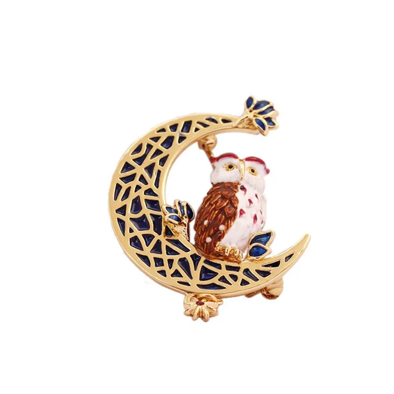 

European and American style personalized clothing accessories crescent shaped gold plated jewelry enamel colored owl brooch pins