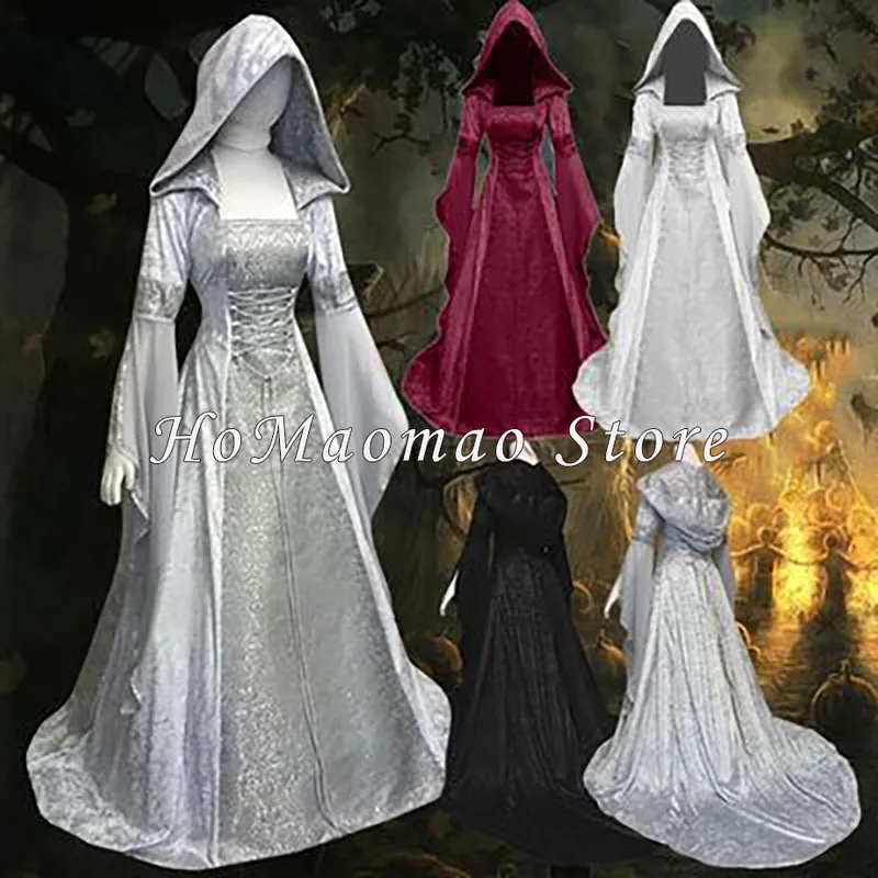 

Medieval Retro Gothic Hoodie Witch Long Dress 7 Color Hooded Waist Dress Role Playing Vampire Halloween Adult Women's Clothing