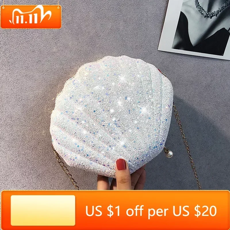 

Fashion Chain Sequined Shoulder Bag For Women Pu Leather Handbags Cute Shell Shape Purse Mini Summer Bag bolsa feminina