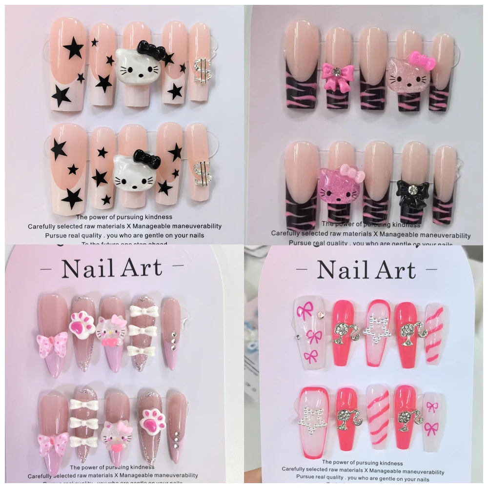 

Sanrioed HelloKittys Melody Kuromi Handmade Nails Anime Kawaii French Extra Long Manicure Wear Stickers Nail Patches Lolita Y2K