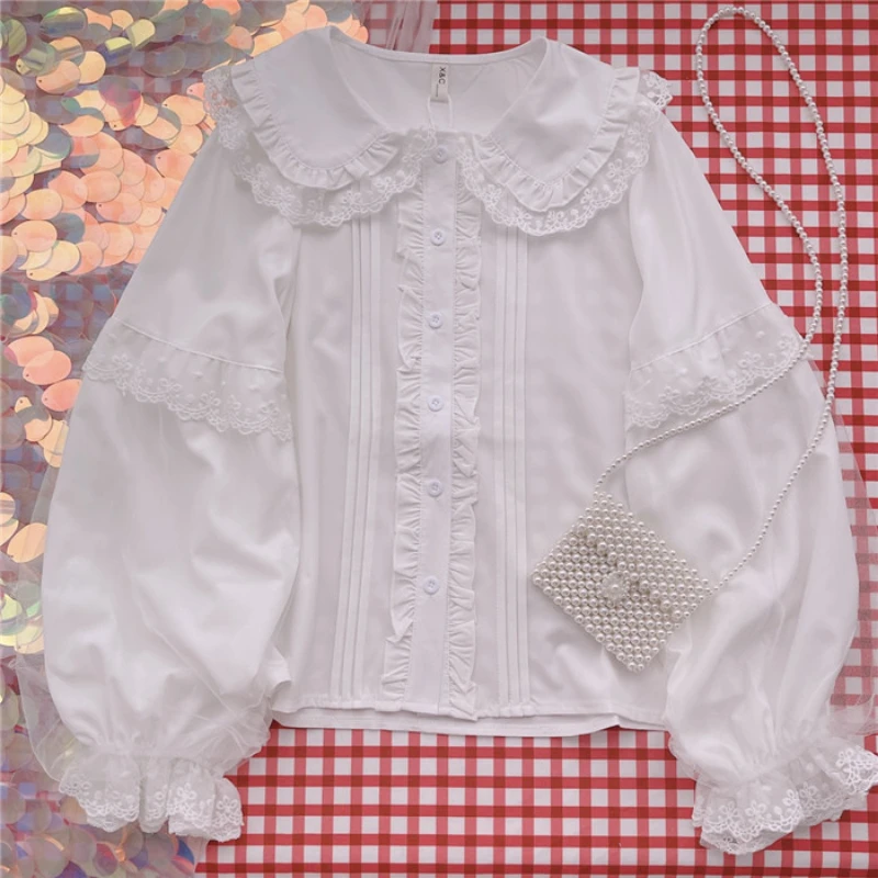 Lolita Shirt White Elegant Women Preppy Style Blouses Cute Peter Pan Collar Lace Ruffle JK Shirts Girls Long Sleeve Blusas Mujer
Lolita Shirt White Elegant Women Preppy Style Blouses Cute Peter Pan Collar Lace Ruffle JK Shirts Girls Long Sleeve Blusas Mujer