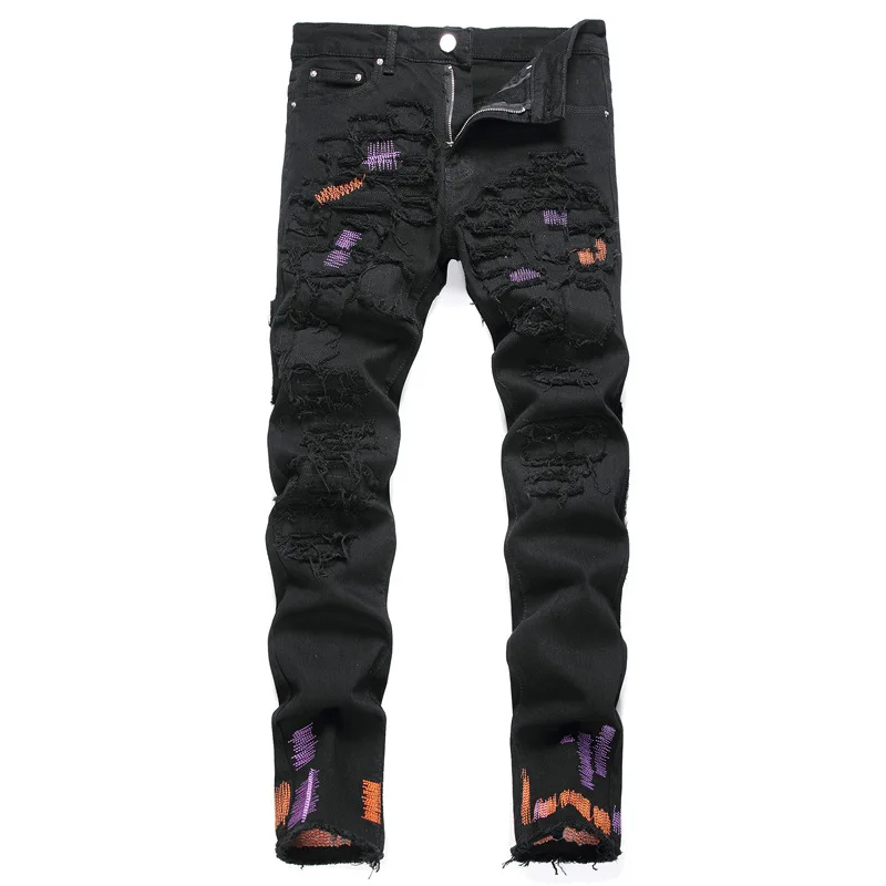 

Новинка, демисезонные Брендовые мужские джинсы с дырками в европейском и американском стиле, хлопковые брюки с маленькими лапами, мужские черные брюки со средней талией
