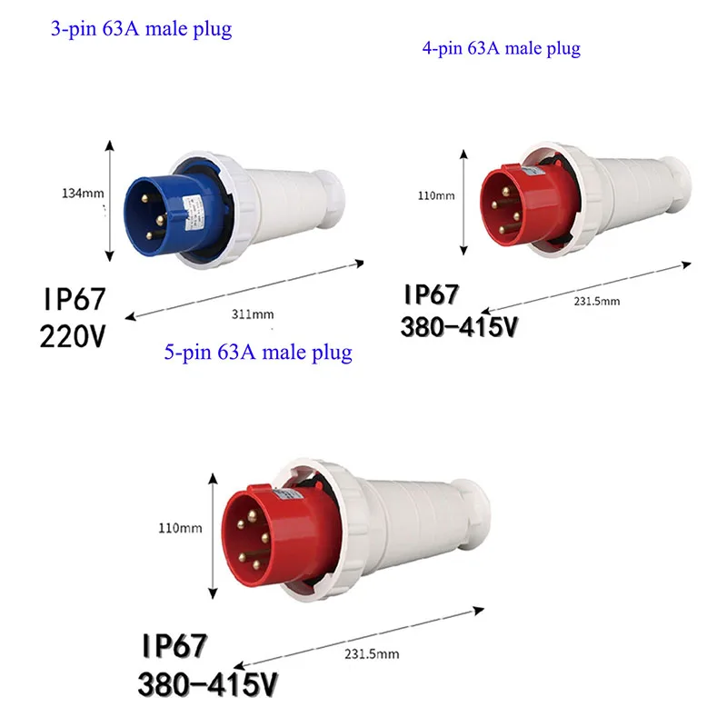 

63A waterproof IP67 Industrial Plug Socket 3pin 4core 5P Electrical Connector Wall Mounted Socket 220V 380V 415V MALE FEMALE