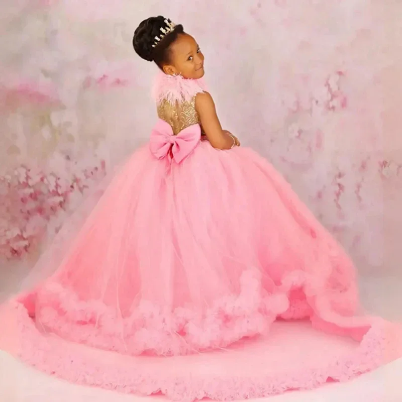 

Pink Tulle Puffy Flower Girl Dress Applique Bow Ruffles Feathers Kids Birthday Ball Gowns Princess First Communion Dresses