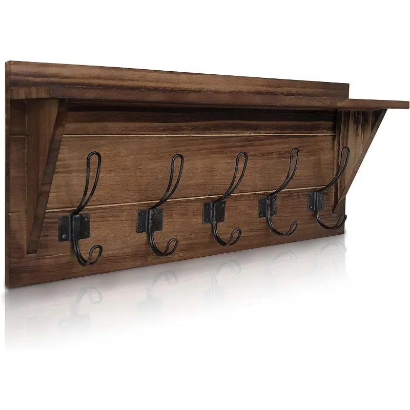 

HBCY Creations Rustic Brown Solid Wood Wall Mounted Coat Rack with Shelf, 5 Hooks, 24" Long - Kitchen, Mudroom