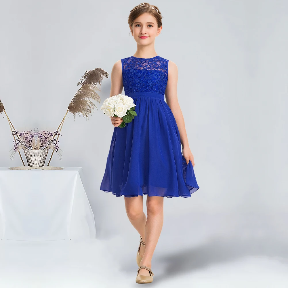 

A-line Scoop Knee-Length Chiffon Lace Junior Bridesmaid Dress Exquisite Royal Blue Flower Girl Dress for Wedding Party Teens