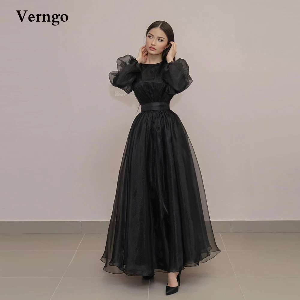 

Verngo Modest Black A Line Organza Evening Dresses Long Sleeves Jewel Neck Ankle Length Women Simple Formal Party Prom Gowns