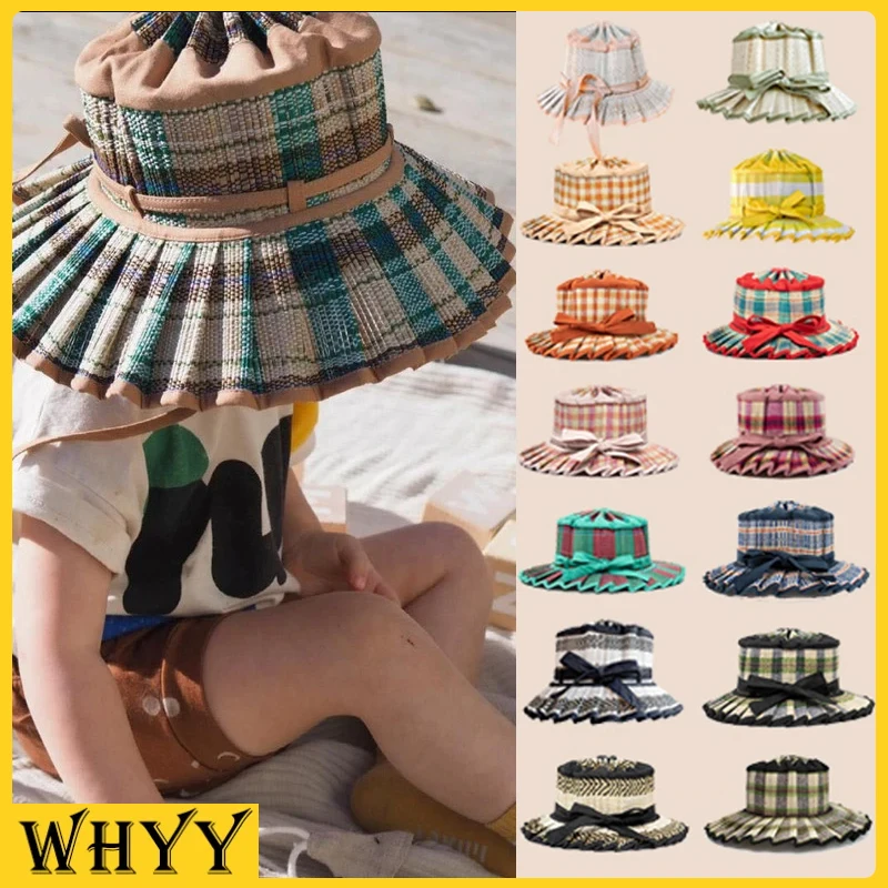 

Parent-child Foldable Straw Hat Ins Hot Hand-woven Panama Straw Hat Personality Plaid Bow Decoration Sunscreen Children Sun Hat