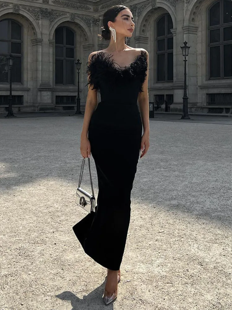 Feather Strapless Maxi Dress For Women Gown Summer Off-shoulder Backless Night Club Party Fishtail Long Dress Vestido
Feather Strapless Maxi Dress For Women Gown Summer Off-shoulder Backless Night Club Party Fishtail Long Dress Vestido