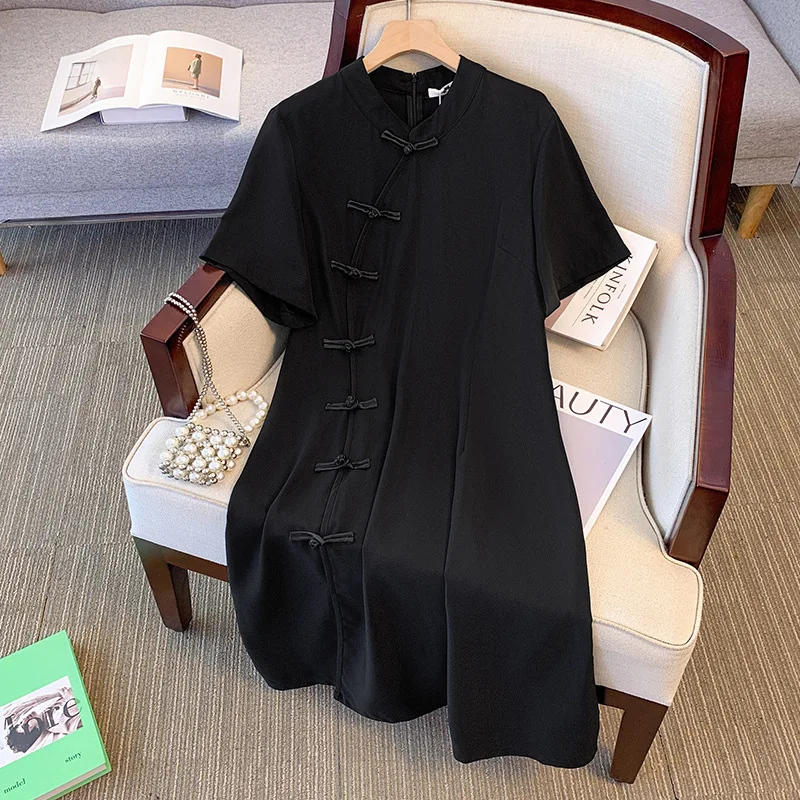 

150Kg Plus Size Women's Bust 154 Summer Loose New Chinese Style Improved Button Up Cheongsam Dress Black 5XL 6XL 7XL 8XL 9XL