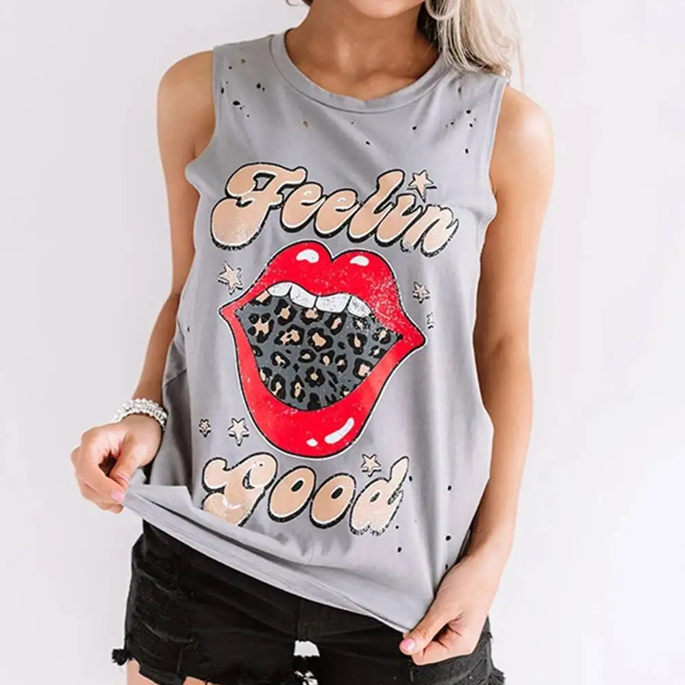 

Womens Summer Sleeveless Cartoon Printed Casual T-shirts Vests Ladies Sporty Sleeveless Tank Tops Tees Holiday Camisole