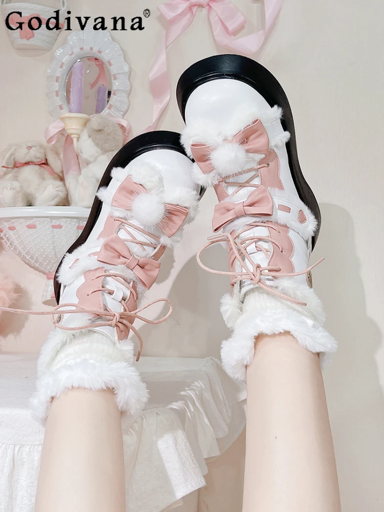 

Sweet Cute Lolita Women's Round Toe Snow Boots Autumn and Winter Fleece-lined Bow Lace-up Platform Ankle Boots for Ladies