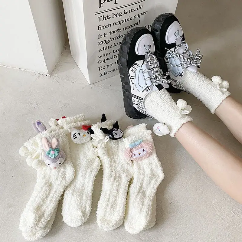 

Cinnamoroll Hello Kitty Anime Kawaii Sanrio Mid Tube Socks Cute Cartoon My Melody Kuromi Warm Coral Velvet Stocking Girls Toys